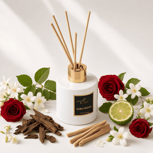 Dubai Nights reed diffuser with reeds oud rose and sandalwood scent