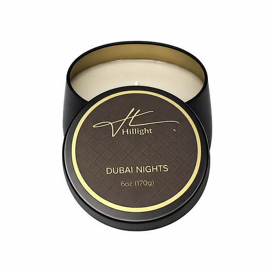 Dubai Nights 6oz coconut soy blend wax travel candle in gold tin by Hillight