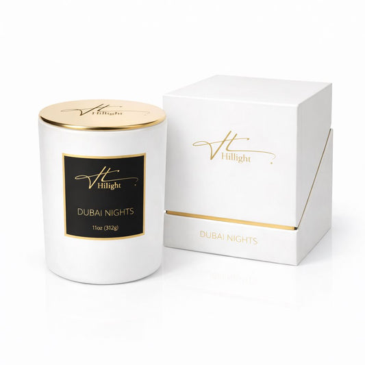 Dubai Nights luxury coconut soy blend wax oud candle with gold Hillight branding