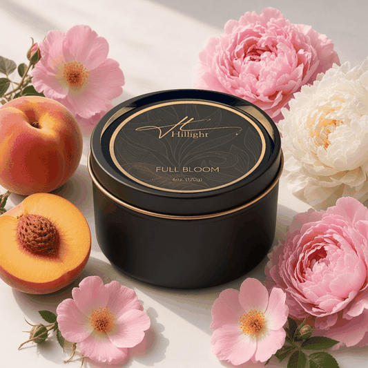 Hillight Full Bloom floral travel candle with rose peony and peach