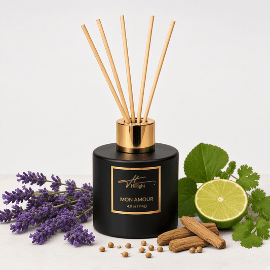 Mon Amour reed diffuser with reeds cedarwood musk and lavender scent