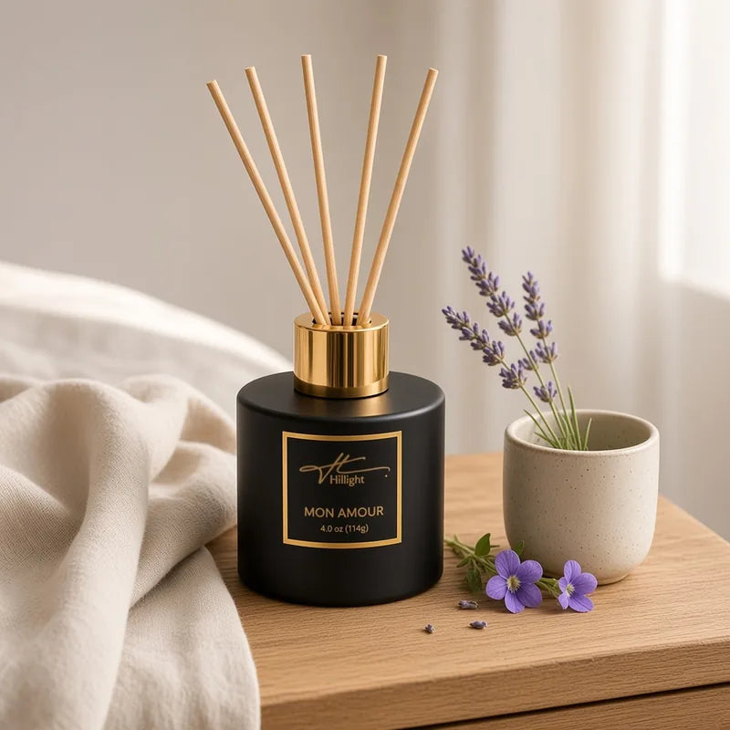 Mon Amour reed diffuser in a black jar with five reeds and a gold collar