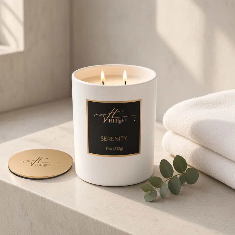 Serenity eucalyptus mint candle in a relaxing spa-like home setting by Hillight