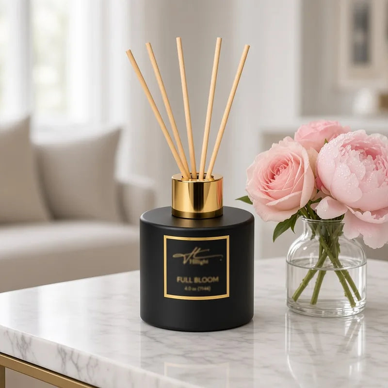 Full Bloom black Hillight reed diffuser with five reeds next to pink peonies on a marble table