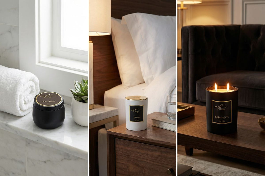 Hillight luxury candles matched to room size — travel candle for bathroom, Serenity Signature for bedroom, Dubai Nights Signature for living room