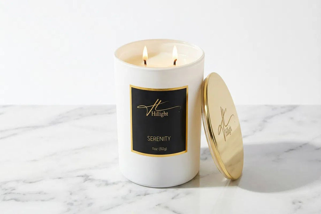 Hillight luxury coconut soy blend wax candle burning cleanly — clear vessel walls, steady flame, zero soot