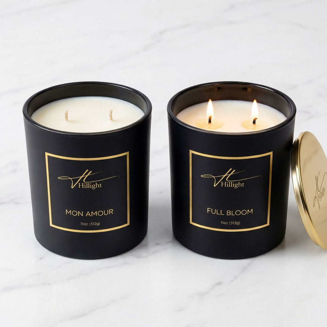 Hillight luxury coconut soy blend wax candle burning cleanly — no soot, clear vessel walls
