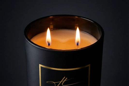 Hillight double-wick luxury candle — two steady flames burning in coconut soy blend wax