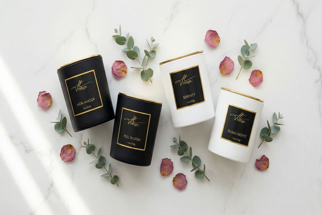 Hillight luxury coconut soy blend wax candles — the complete Signature Collection: Mon Amour, Serenity, Full Bloom, and Dubai Nights