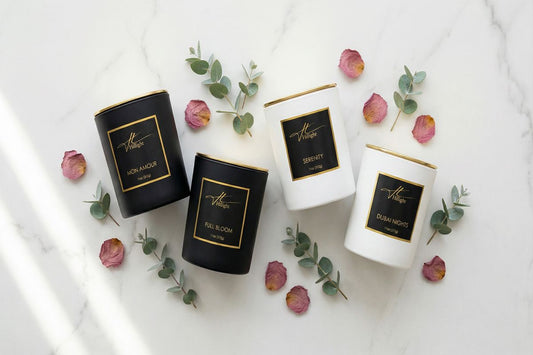 Hillight luxury coconut soy blend wax candles — the complete Signature Collection: Mon Amour, Serenity, Full Bloom, and Dubai Nights