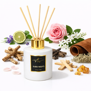 Dubai Nights reed diffuser with reeds oud rose and sandalwood scent