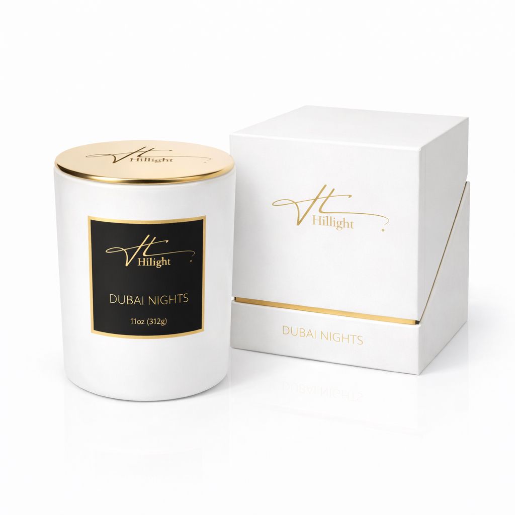 Dubai Nights luxury coconut soy blend wax oud candle with gold Hillight branding