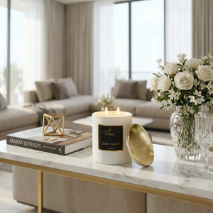 Dubai Nights exotic oud and sandalwood candle in elegant setting by Hillight
