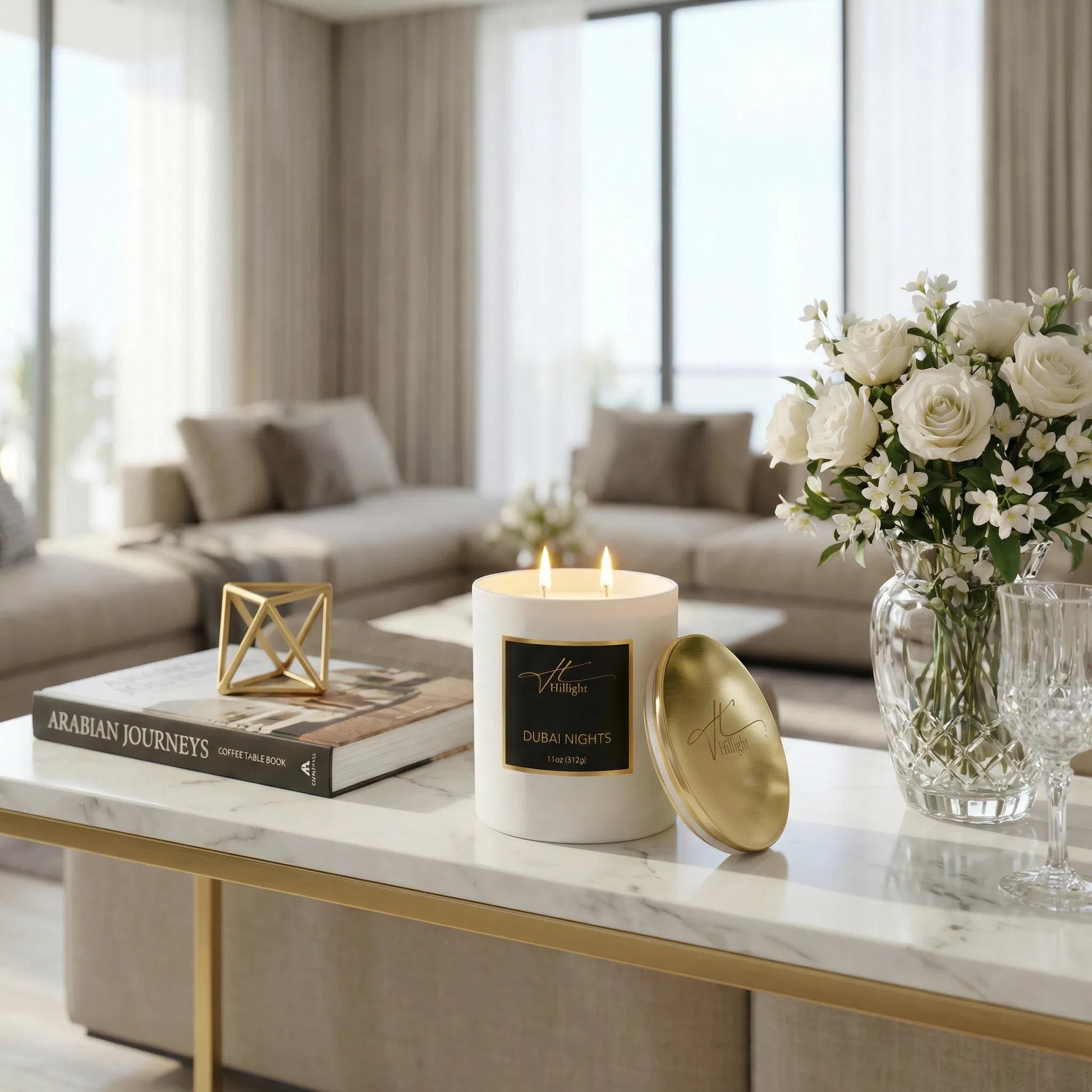 Dubai Nights exotic oud and sandalwood candle in elegant setting by Hillight