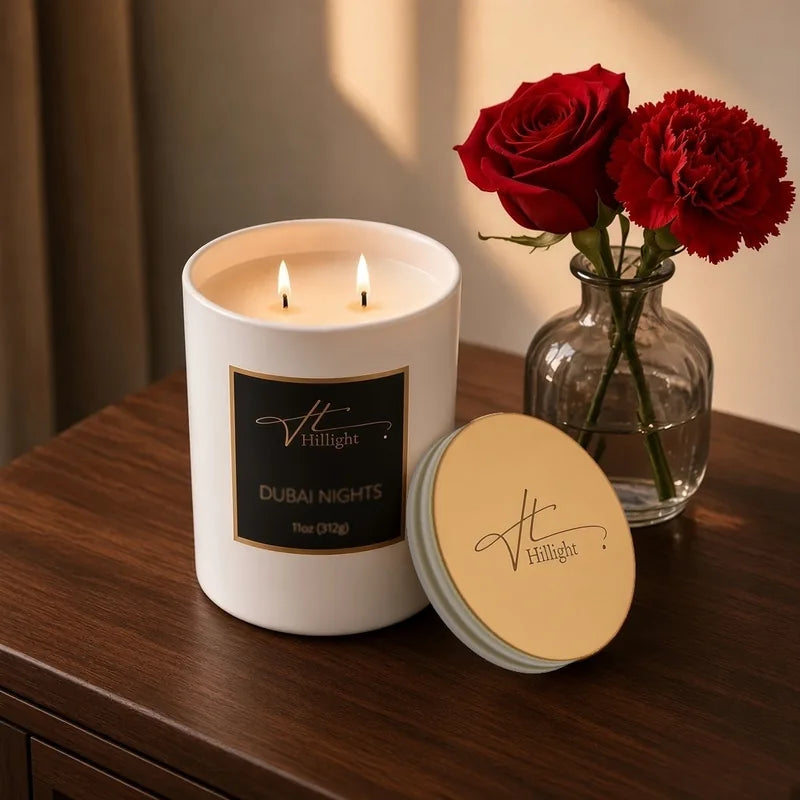 Dubai Nights exotic oud and sandalwood candle in elegant setting by Hillight