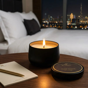 Dubai Nights travel candle open tin showing coconut soy blend wax