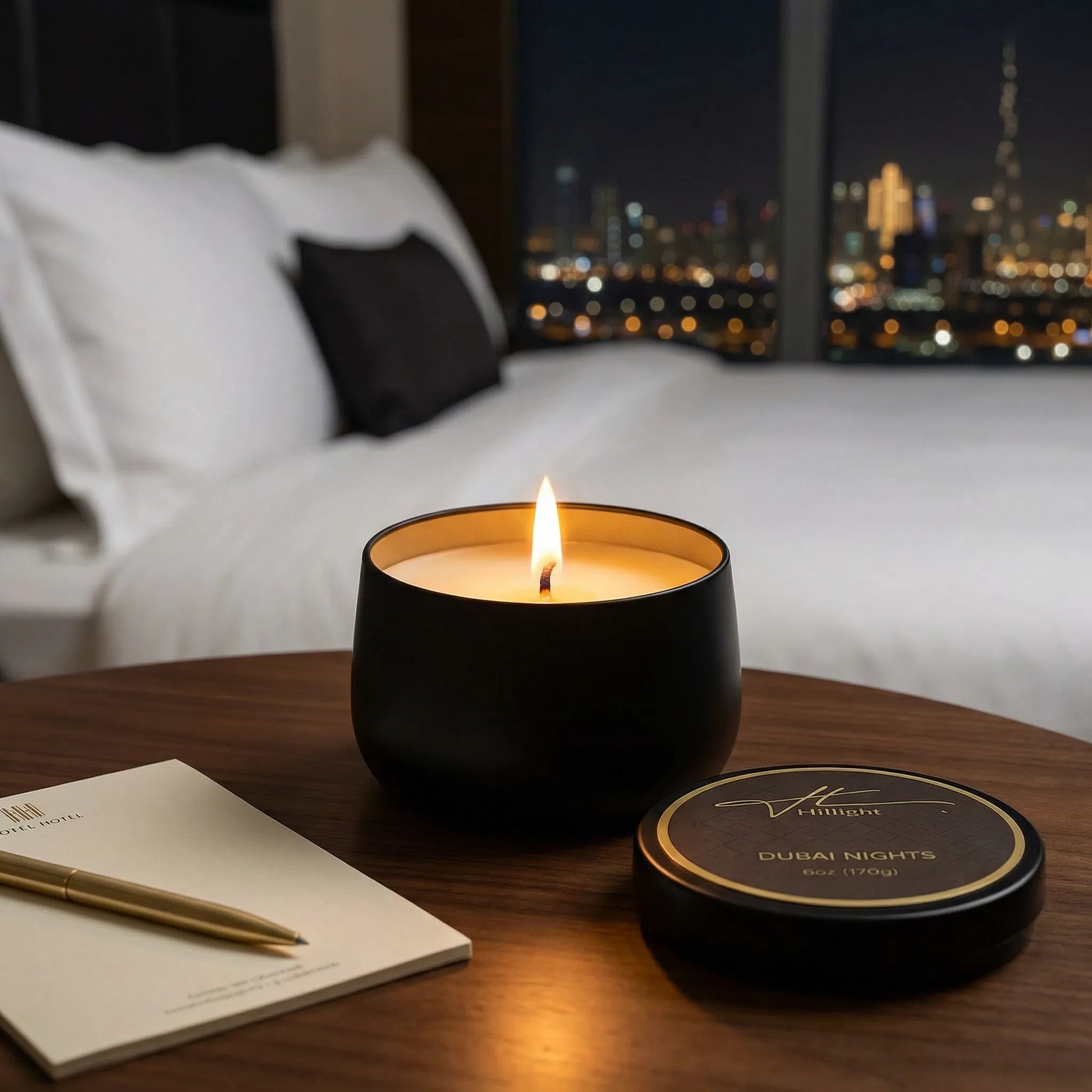 Dubai Nights travel candle open tin showing coconut soy blend wax