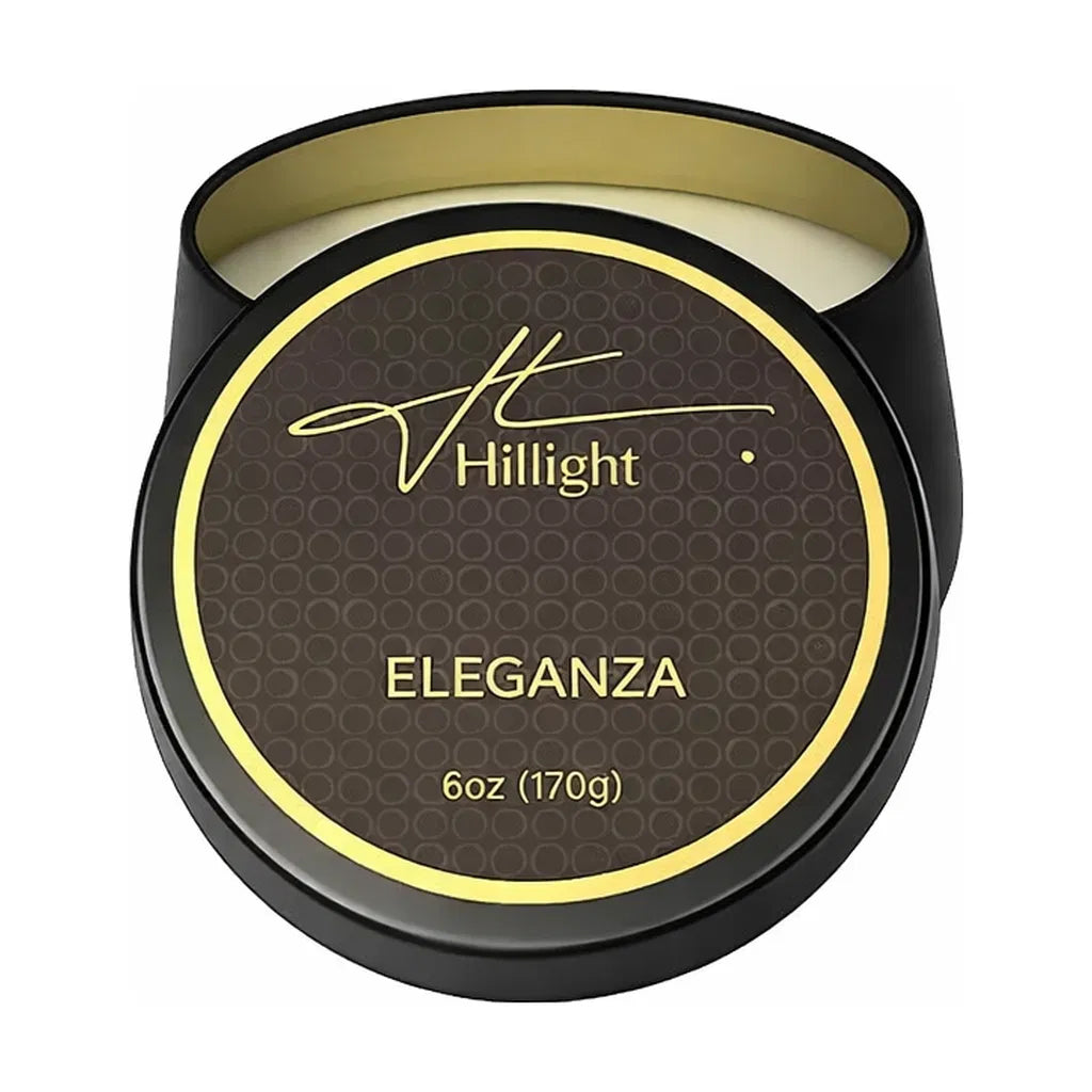 Eleganza 6oz coconut soy blend wax travel candle in gold tin by Hillight