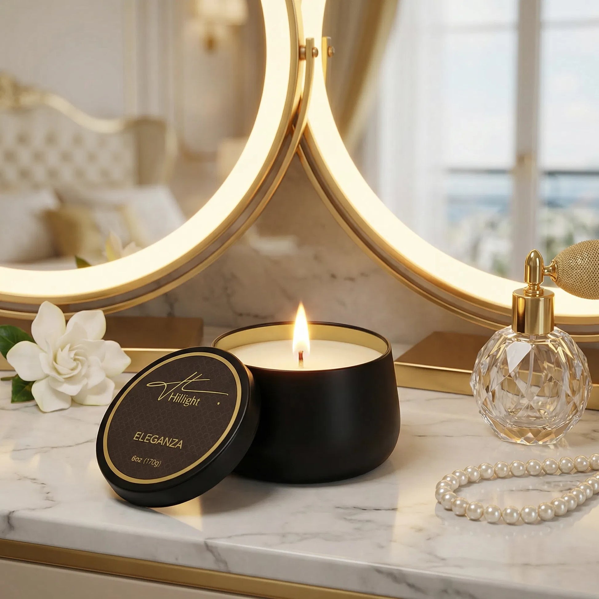 Eleganza travel candle open tin showing coconut soy blend wax