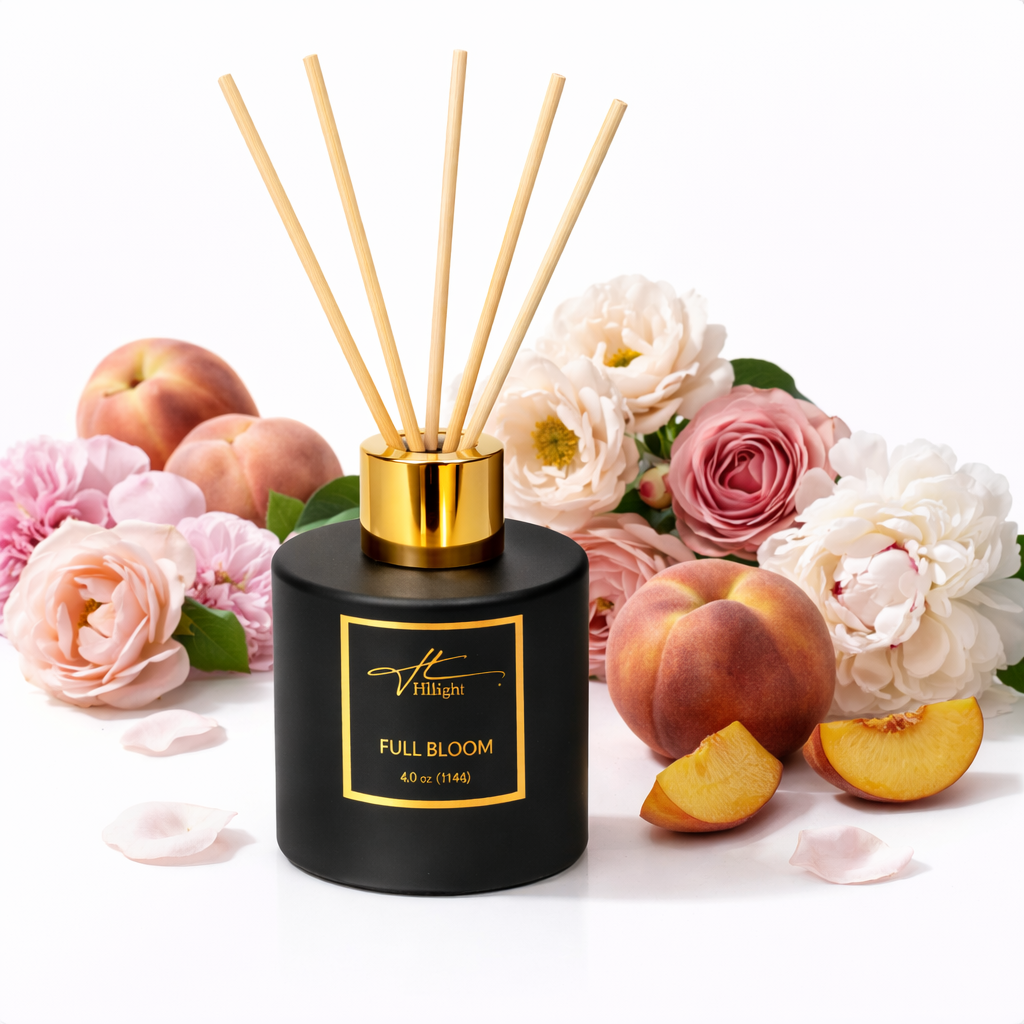 Full Bloom reed diffuser with reeds wild rose peony and peach scent