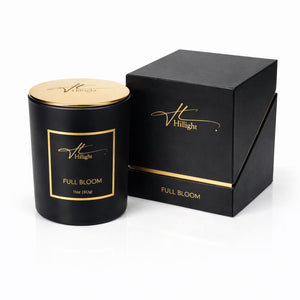 Full Bloom luxury coconut soy blend wax candle with gold Hillight branding