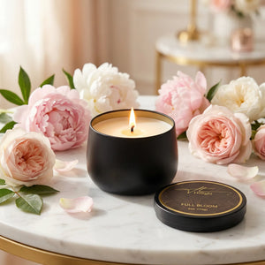 Full Bloom travel candle open tin showing coconut soy blend wax