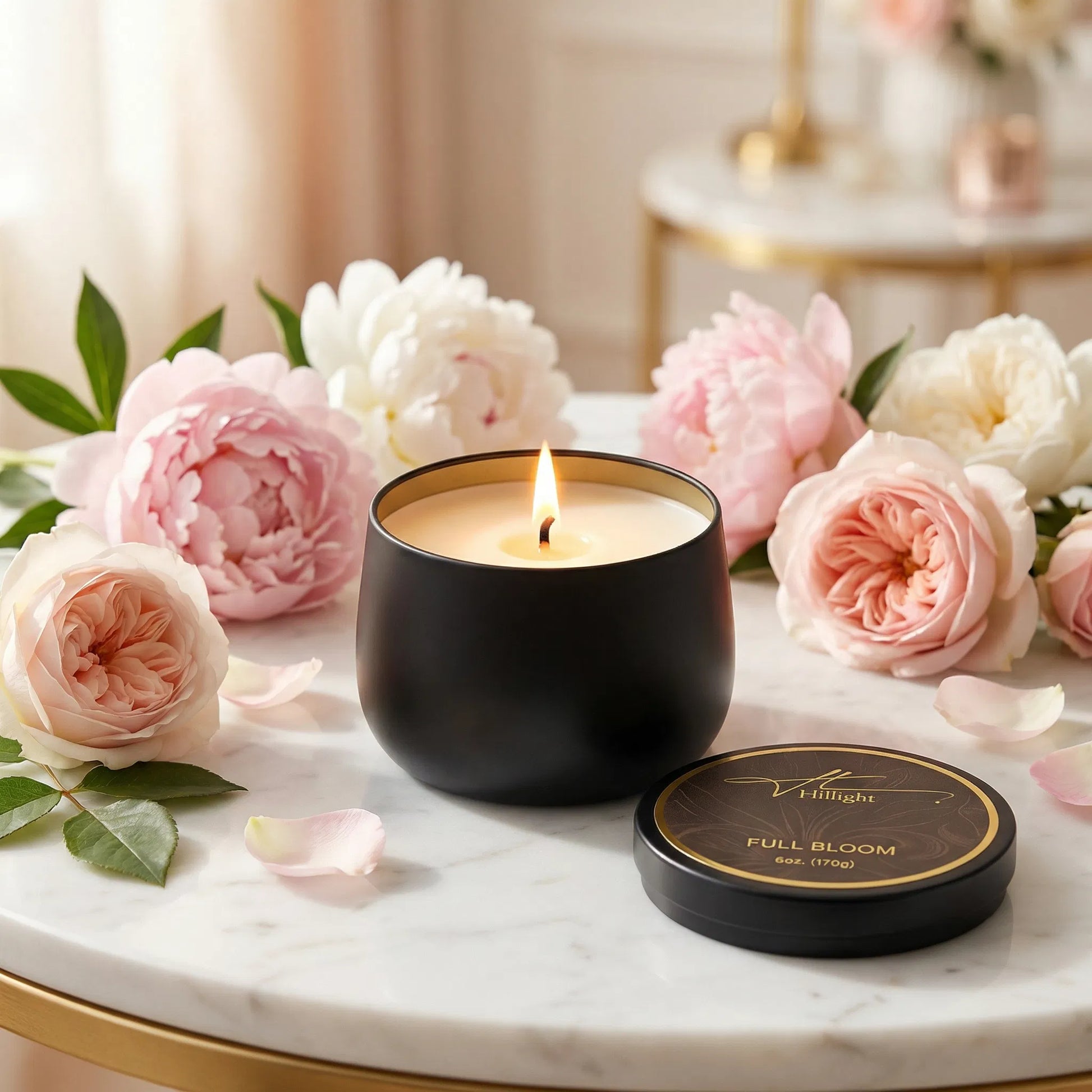 Full Bloom travel candle open tin showing coconut soy blend wax