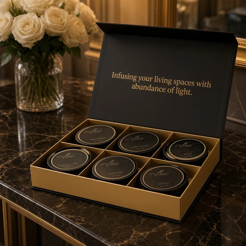 Hillight travel candle collection styled with flowers and botanicals