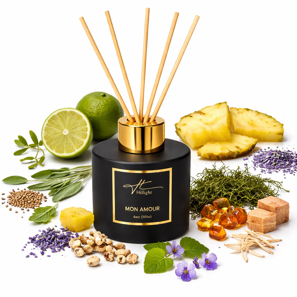Mon Amour reed diffuser with reeds cedarwood musk and lavender scent