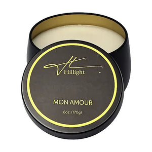 Mon Amour 6oz coconut soy blend wax travel candle in gold tin by Hillight