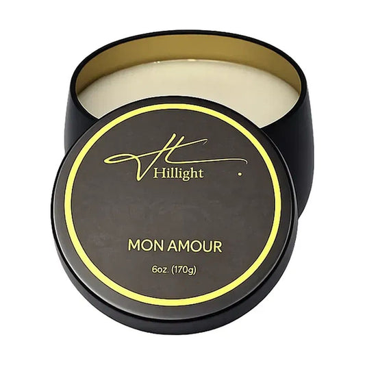 Mon Amour 6oz coconut soy blend wax travel candle in gold tin by Hillight