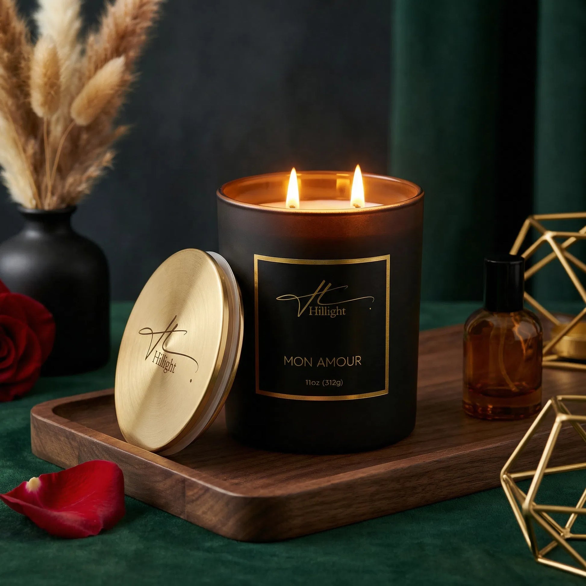 Mon Amour coconut soy blend wax candle burning with warm amber glow