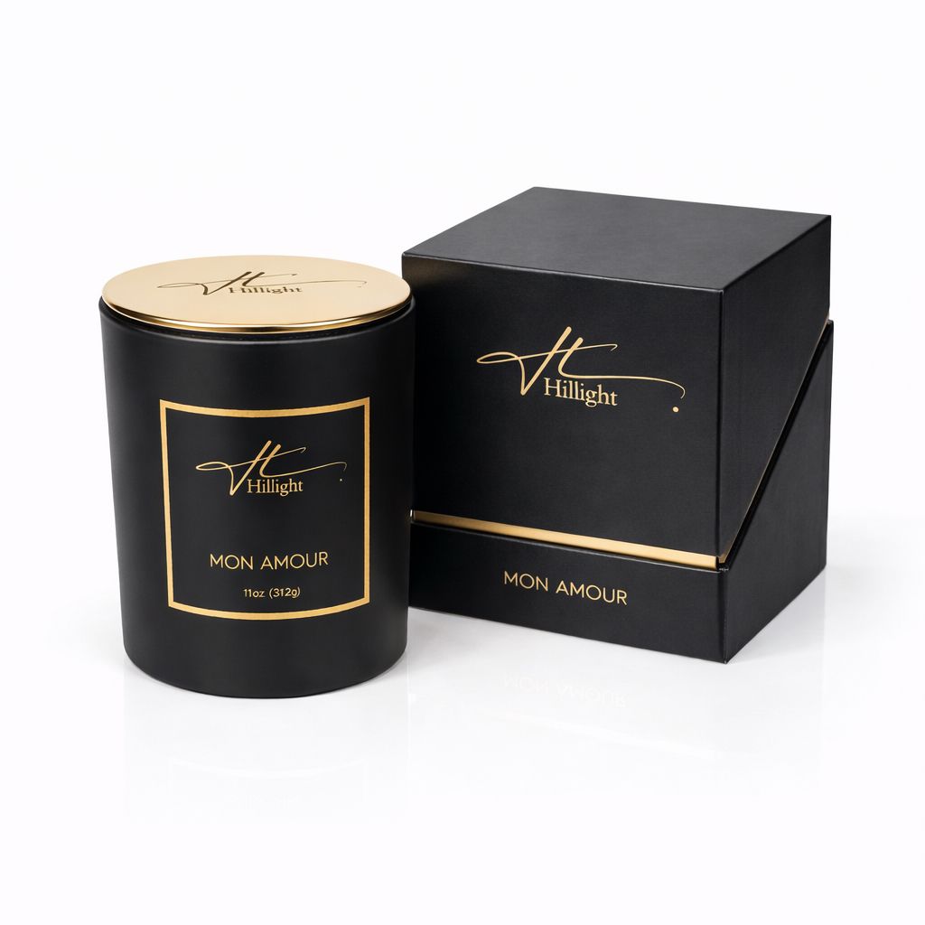Mon Amour luxury black coconut soy blend wax candle with gold lid by Hillight