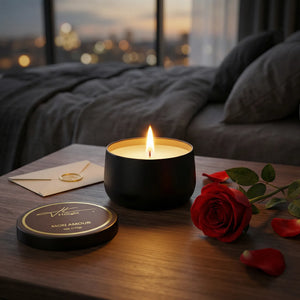 Mon Amour travel candle open tin showing coconut soy blend wax