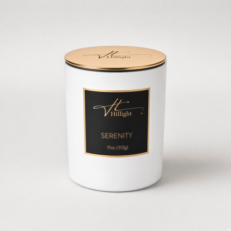 Serenity luxury white coconut soy blend wax candle with gold Hillight branding