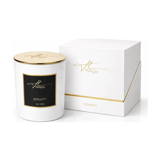 Serenity luxury white coconut soy blend wax candle with gold Hillight branding