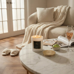 Serenity eucalyptus mint candle in a relaxing spa-like home setting by Hillight