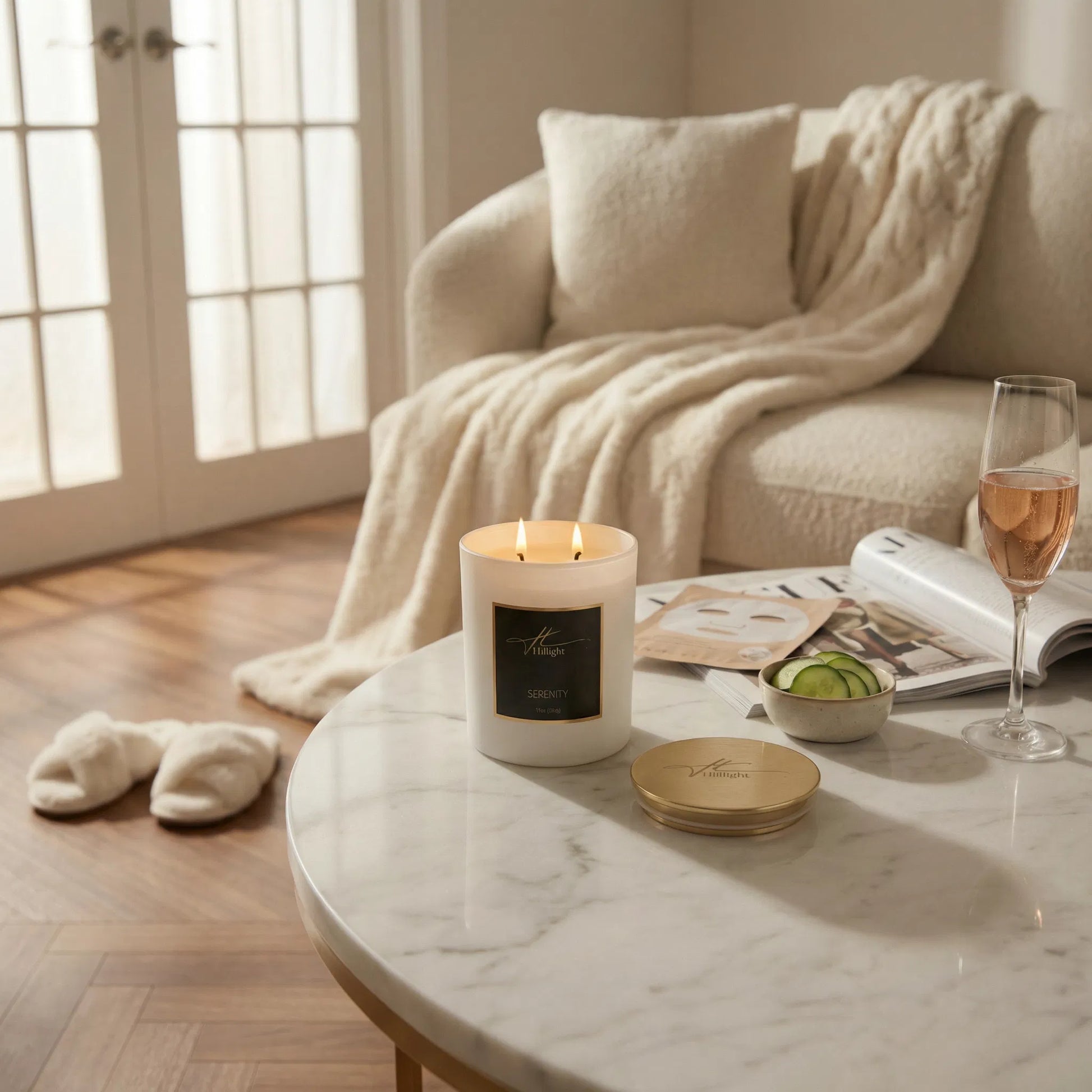 Serenity eucalyptus mint candle in a relaxing spa-like home setting by Hillight
