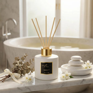 Hillight Serenity reed diffuser in relaxing spa-like home setting