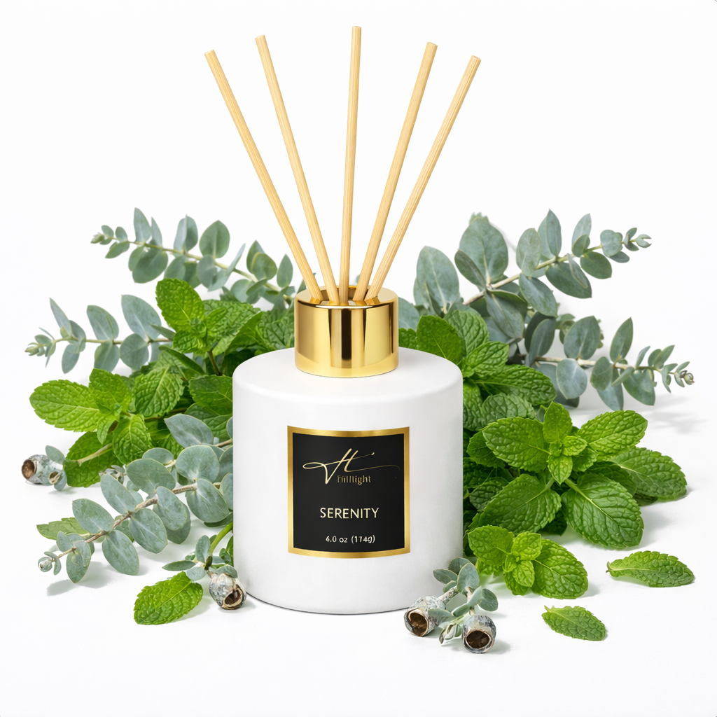 Serenity reed diffuser with reeds eucalyptus and mint aromatherapy scent