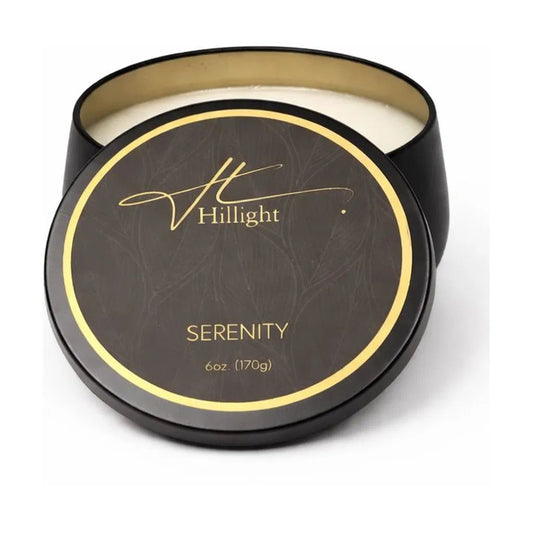 Serenity 6oz coconut soy blend wax travel candle in gold tin by Hillight