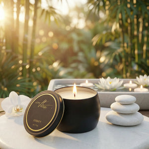 Serenity travel candle open tin showing coconut soy blend wax