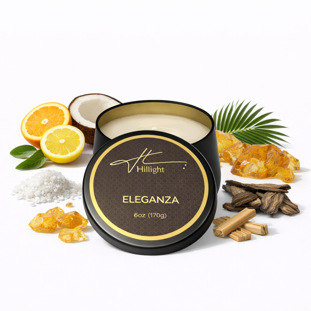 Hillight Eleganza travel candle with oud teakwood and sea salt notes