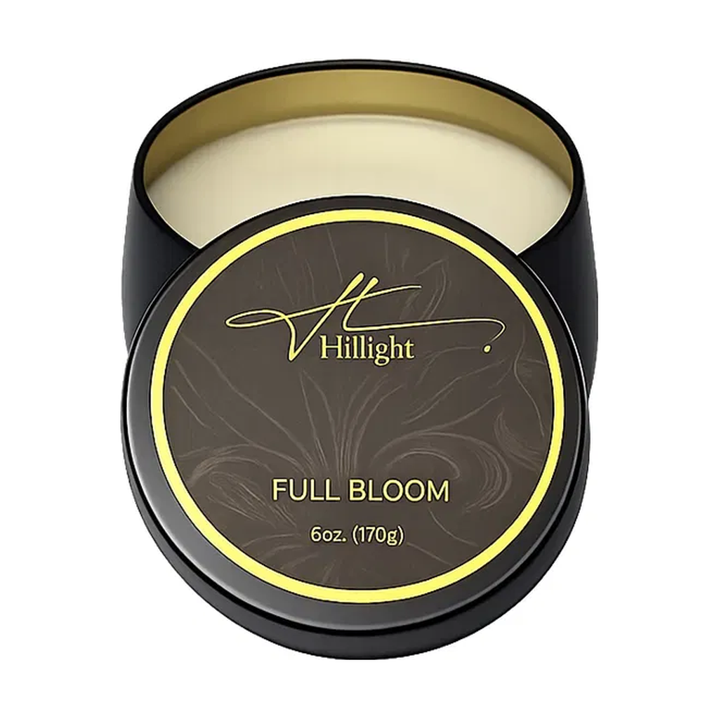 Full Bloom 6oz coconut soy blend wax travel candle in gold tin by Hillight