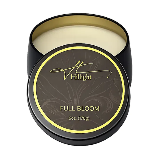 Full Bloom 6oz coconut soy blend wax travel candle in gold tin by Hillight